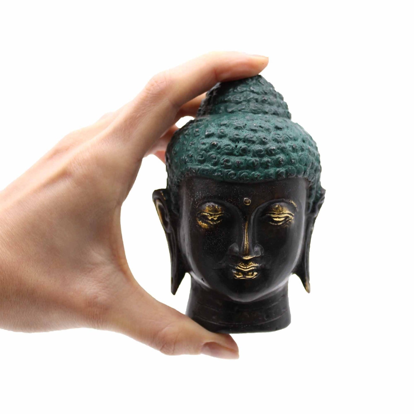 Antique Brass Buddha Head – 10x7x6 CM sculpture with antique finish, handheld for scale, detailed Buddha face decor