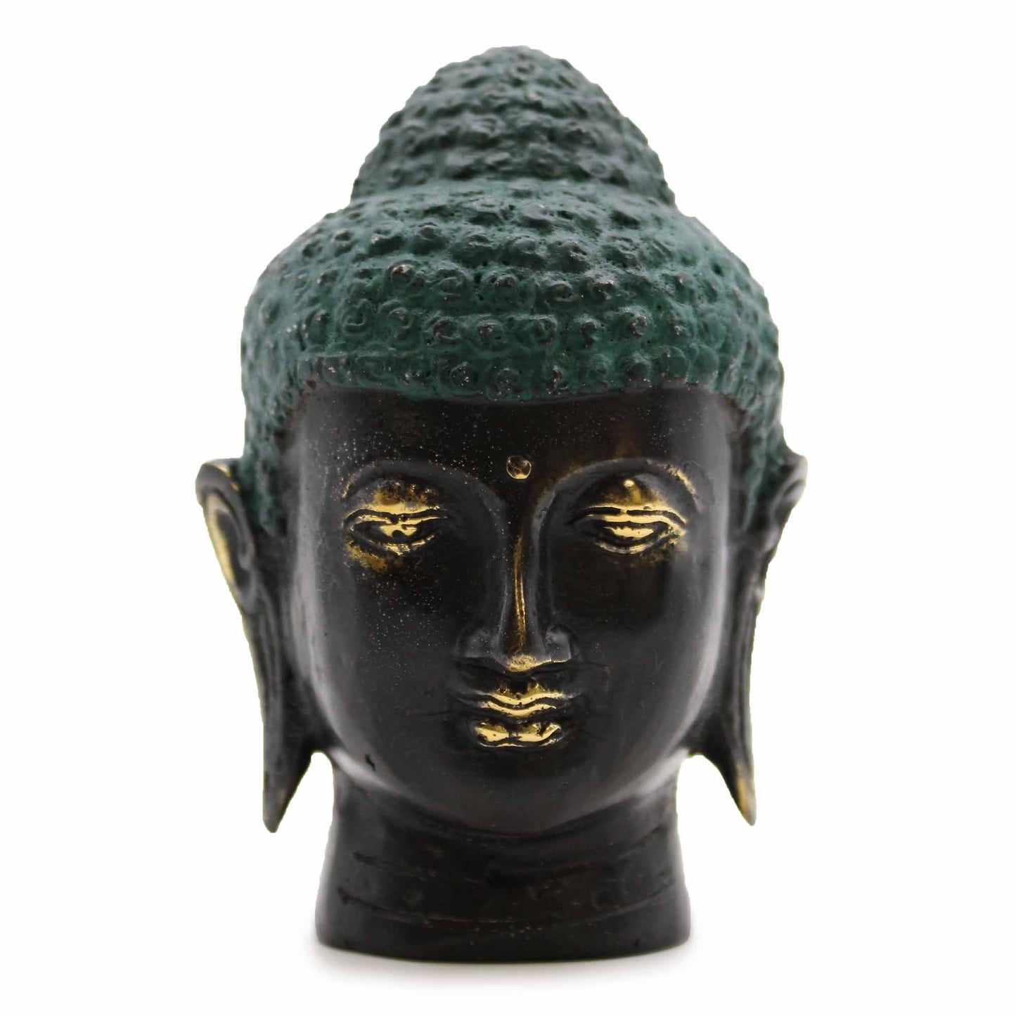 Antique Brass Buddha Head – 10x7x6 CM sculpture, close-up front view with antique finish and detailed features