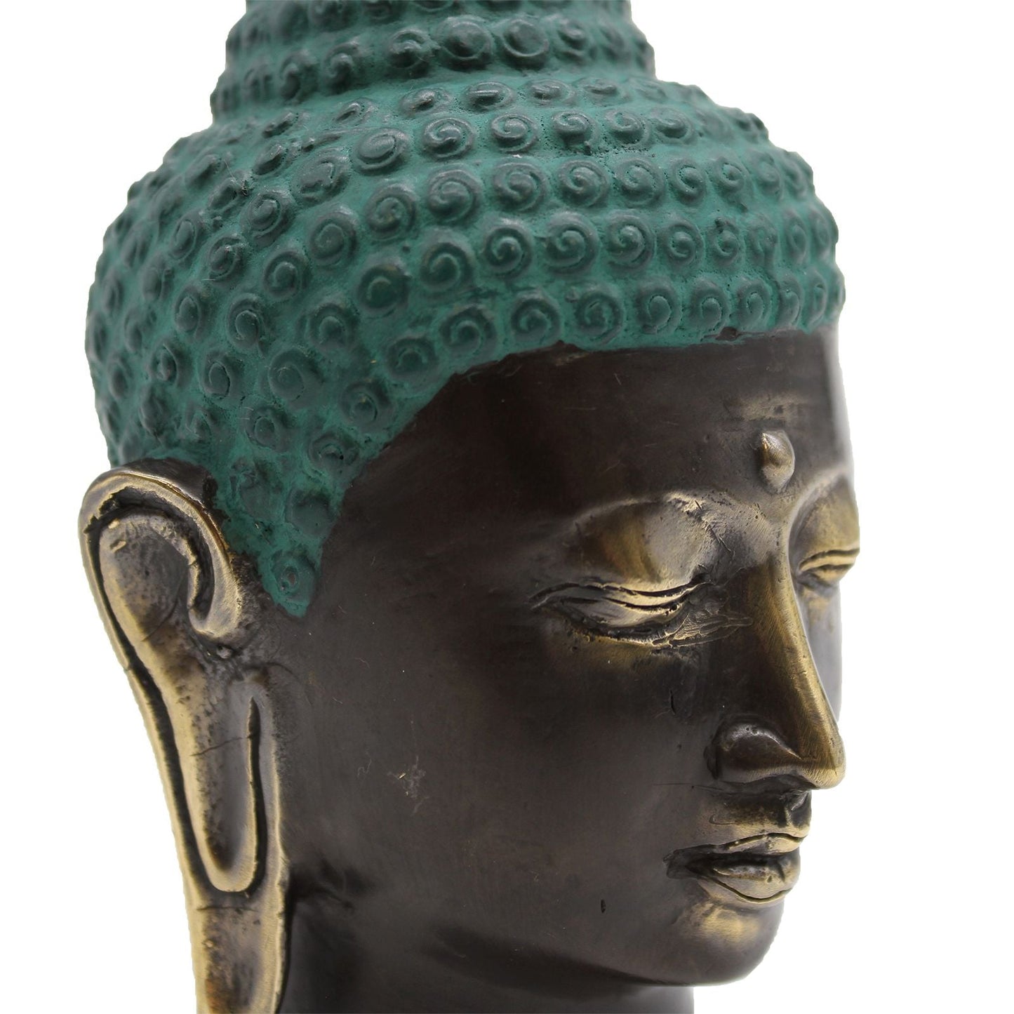 Cabeza de Buda de latón en acabado antique brass – escultura de cabeza de Buda en latón en primer plano (14.5x7.5 CM), con rostro detallado y cabello texturizado para decoración del hogar