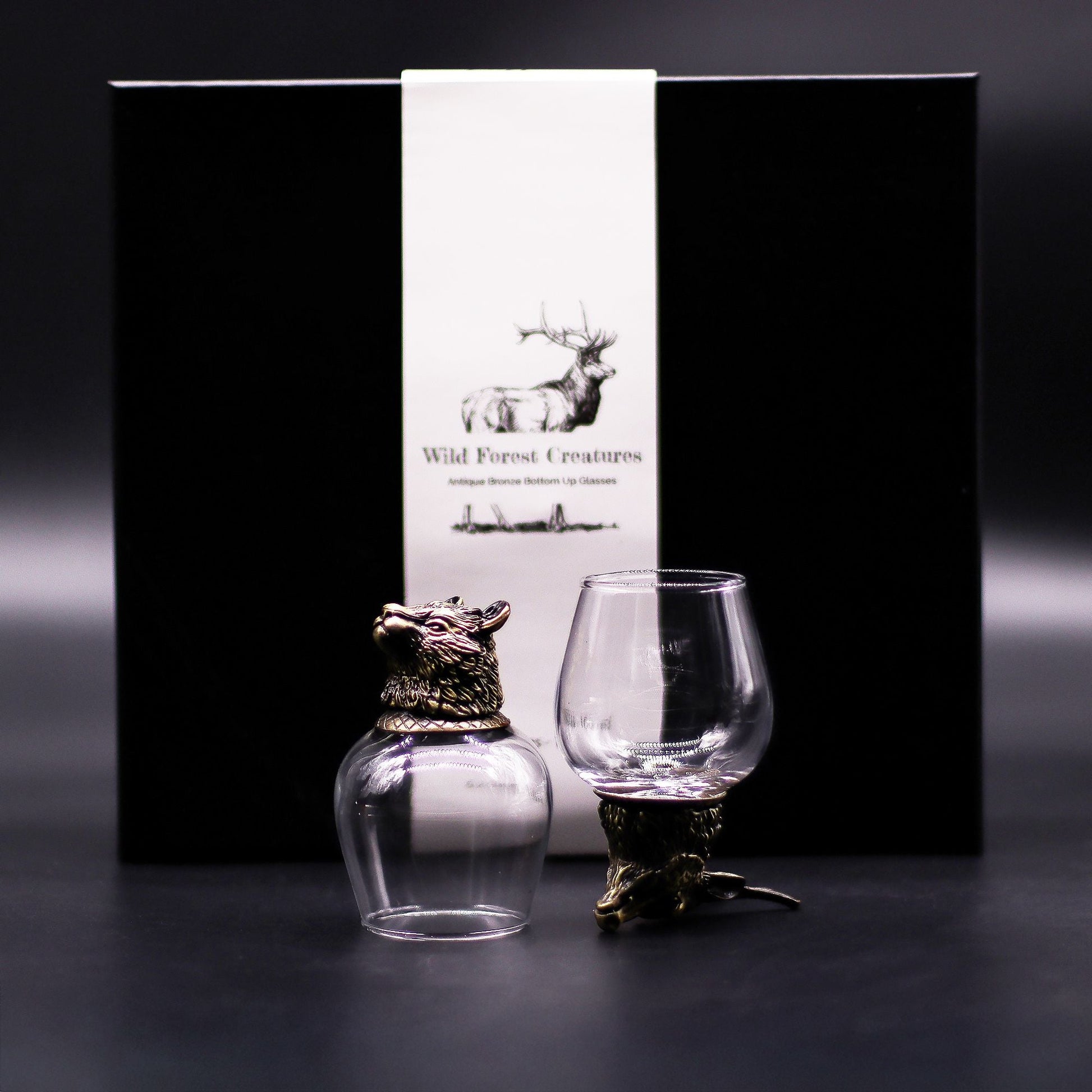 Antique Bronze Mystical Creatures Glasses – 50ML Set of 6, two glasses with antique bronze animal-themed bases and gift box