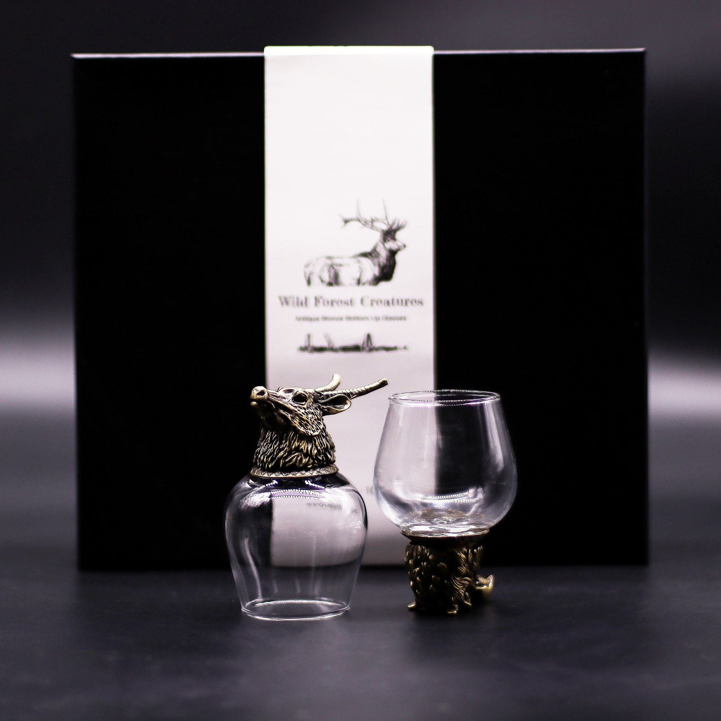 Antique Bronze Mystical Creatures Glasses – 50ML Set of 6, set of two ornate antique bronze animal stem glasses with gift box