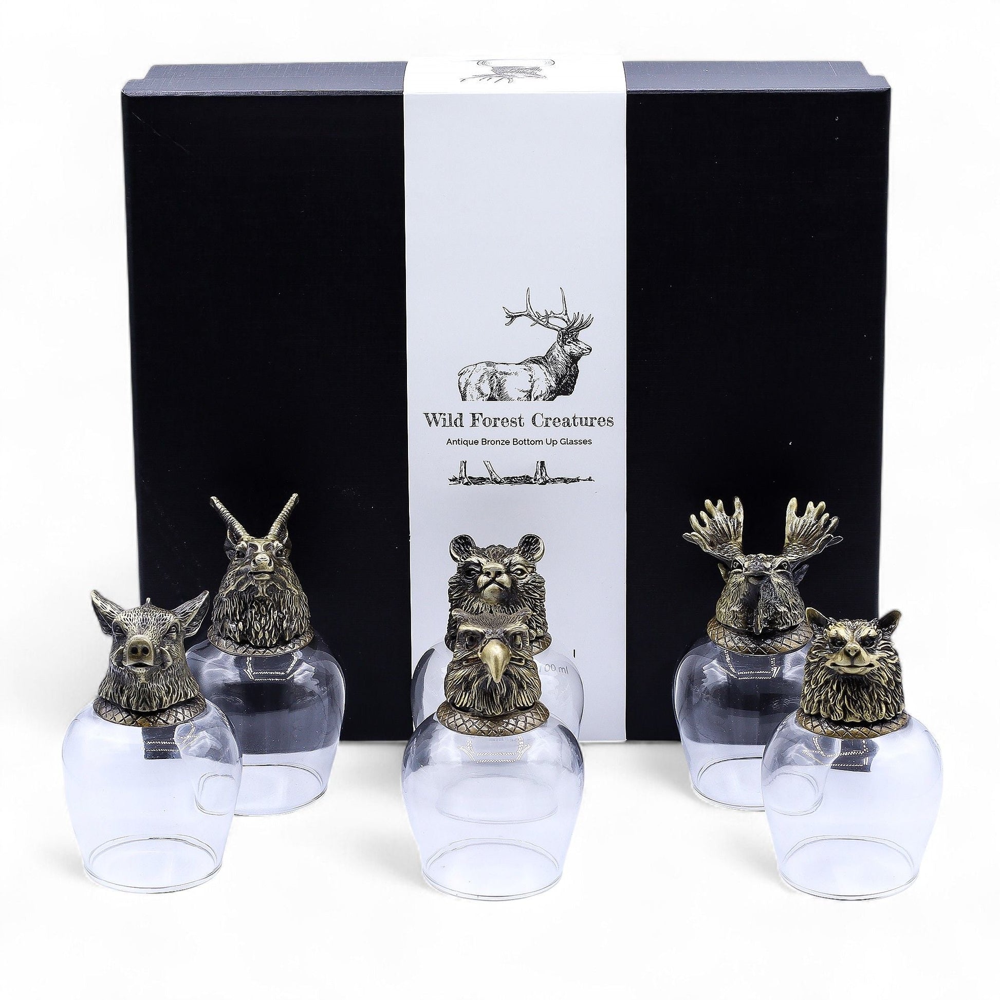 Antique Bronze Mystical Creatures Glasses – 50ML Set of 6, six animal-topped glass cups with black Wild Forest Creatures gift box