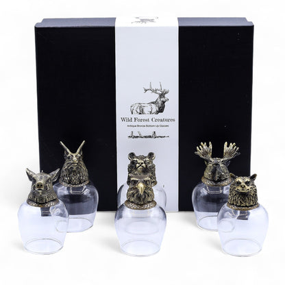 Antique Bronze Mystical Creatures Glasses – 50ML Set of 6, six animal-topped glass cups with black Wild Forest Creatures gift box