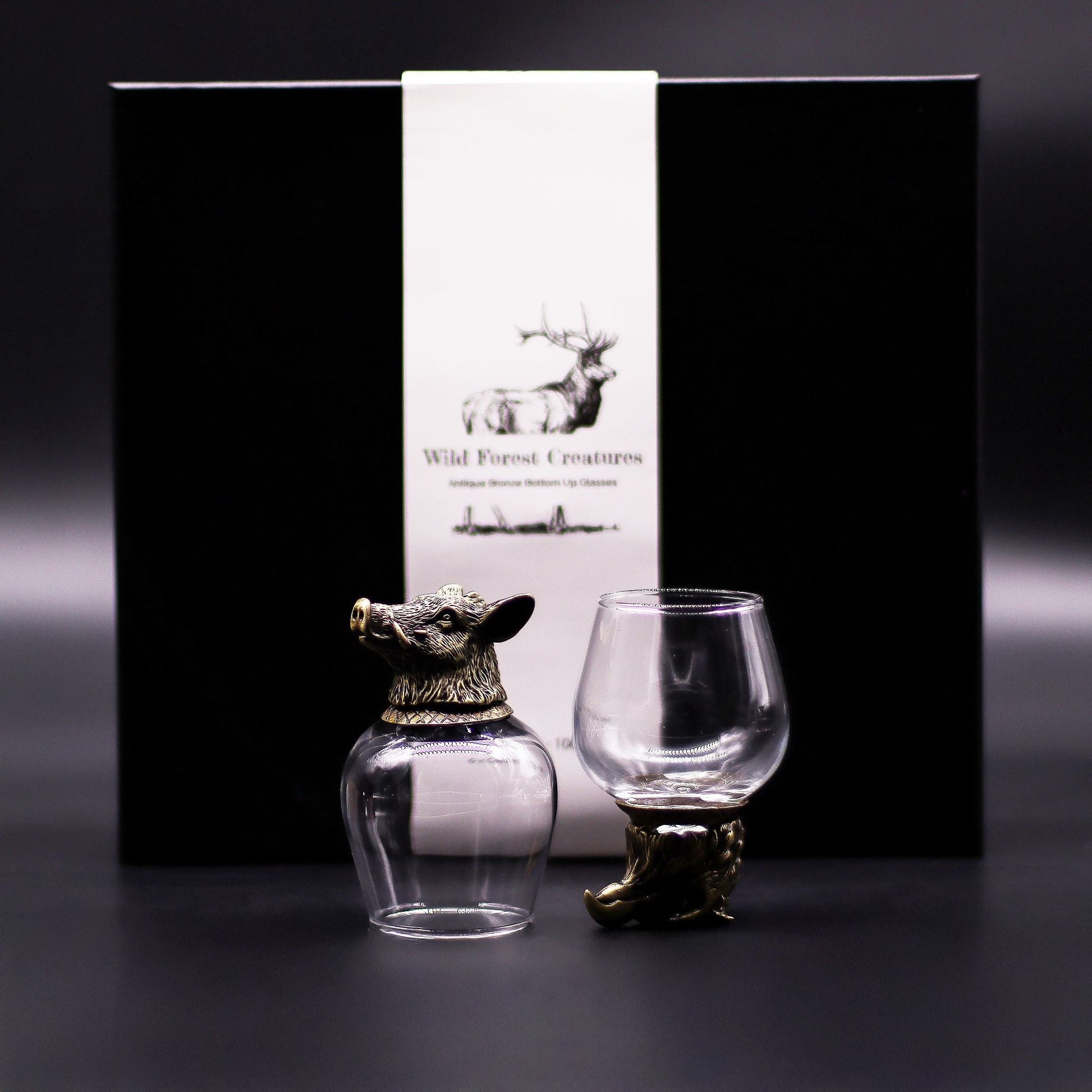 Antique Bronze Mystical Creatures Glasses – 50ML Set of 6 with animal head bronze accents and gift box packaging
