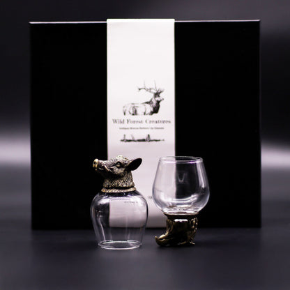 Antique Bronze Mystical Creatures Glasses – 50ML Set of 6 with animal head bronze accents and gift box packaging