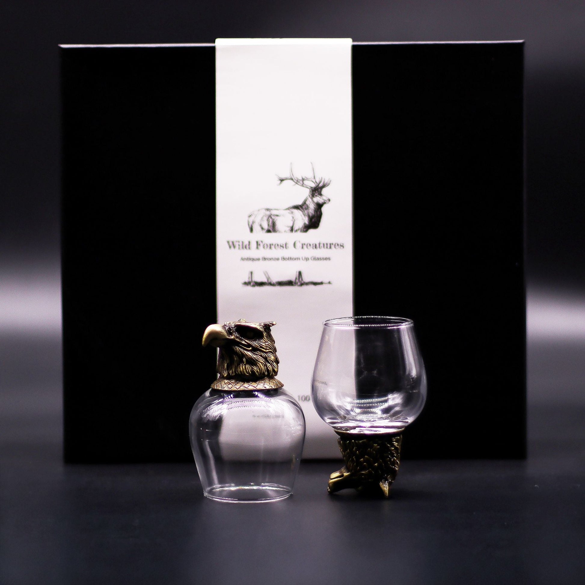 Alt Tag: Antique Bronze Mystical Creatures Glasses – 50ML Set of 6 with eagle and claw design glassware and Wild Forest Creatures box