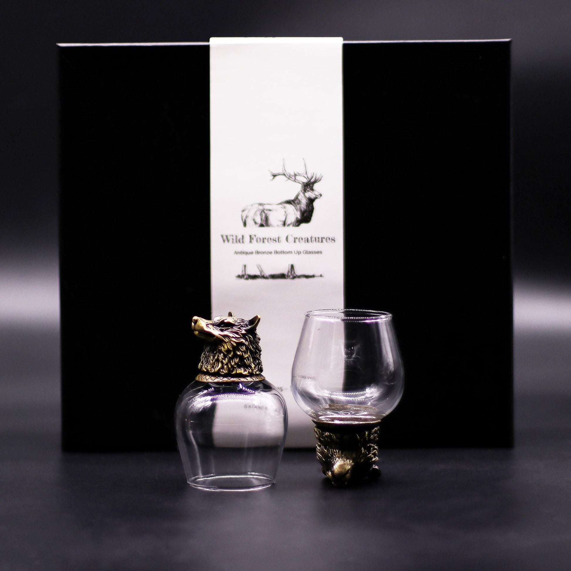 Antique Bronze Mystical Creatures Glasses – 50ML Set of 6 with forest creature-themed gift box and two detailed glasses