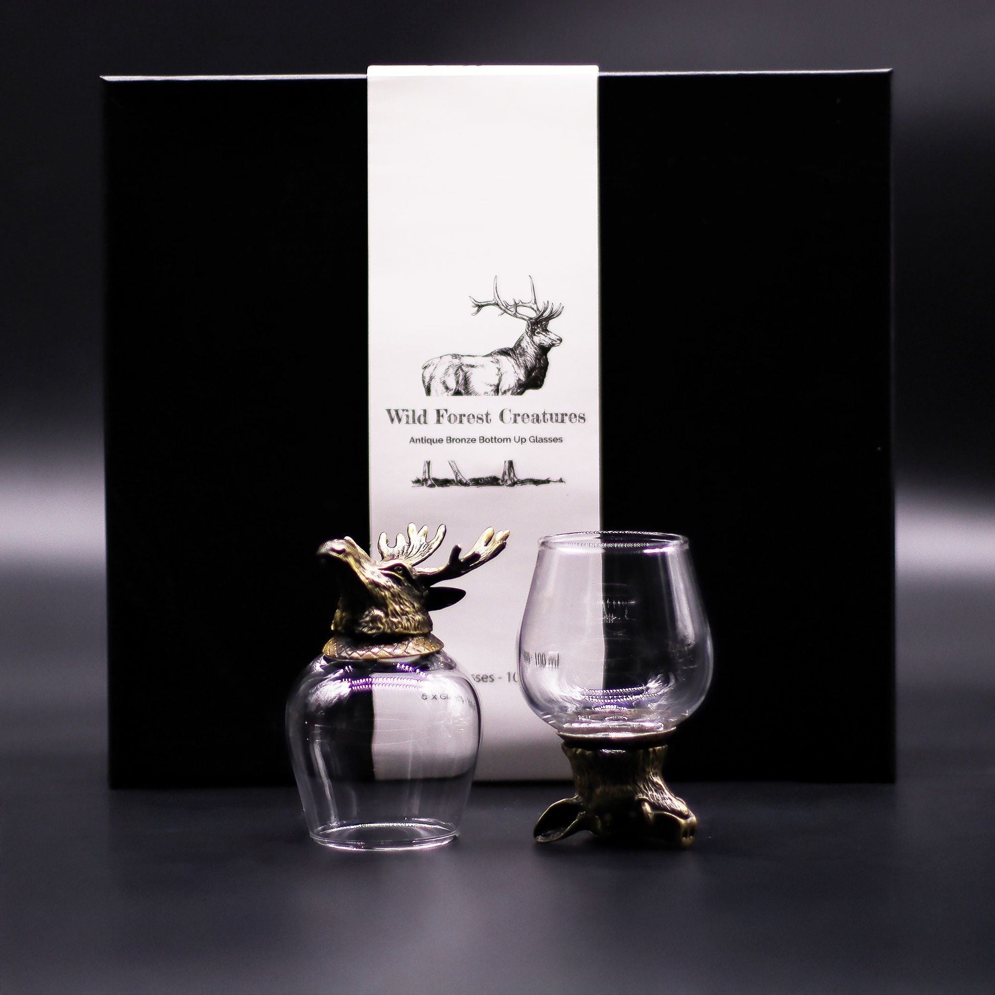 Antique Bronze Mystical Creatures Glasses – 50ML Set of 6, Wild Forest Creatures deer-themed antique bronze base glassware set