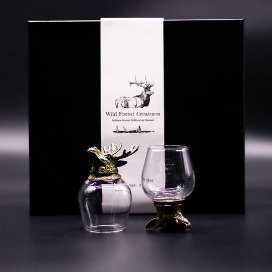 Antikbronze Mystische Kreaturen Gläser – 50 ml Set mit 6 Stück, Glaswaren-Set mit antikbronzenem Sockel im Wildwald-Kreaturen-Design mit Hirschmotiv
