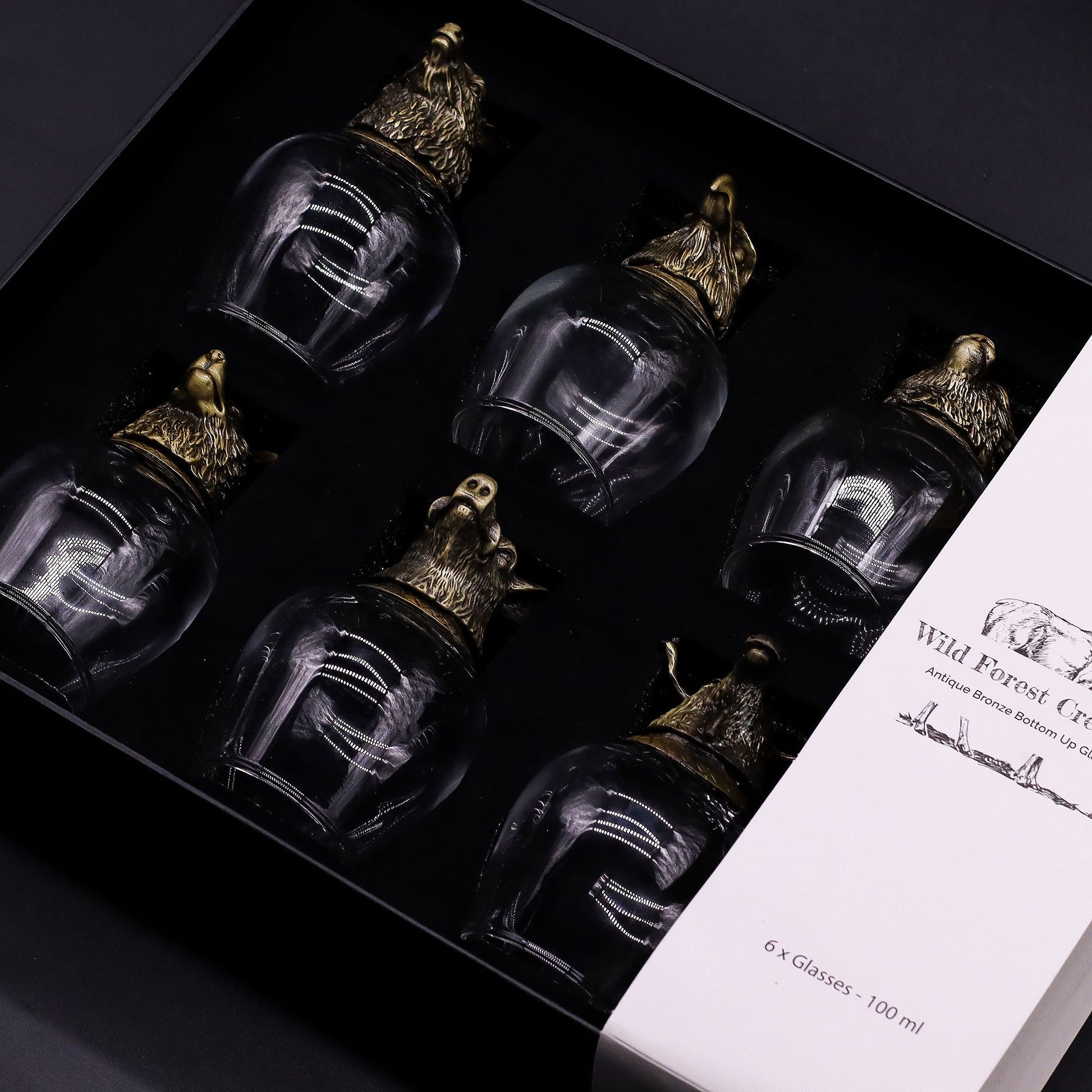 Antique Bronze Mystical Creatures Glasses – 50ML Set of 6 in gift box, six ornate bronze-topped shot glasses