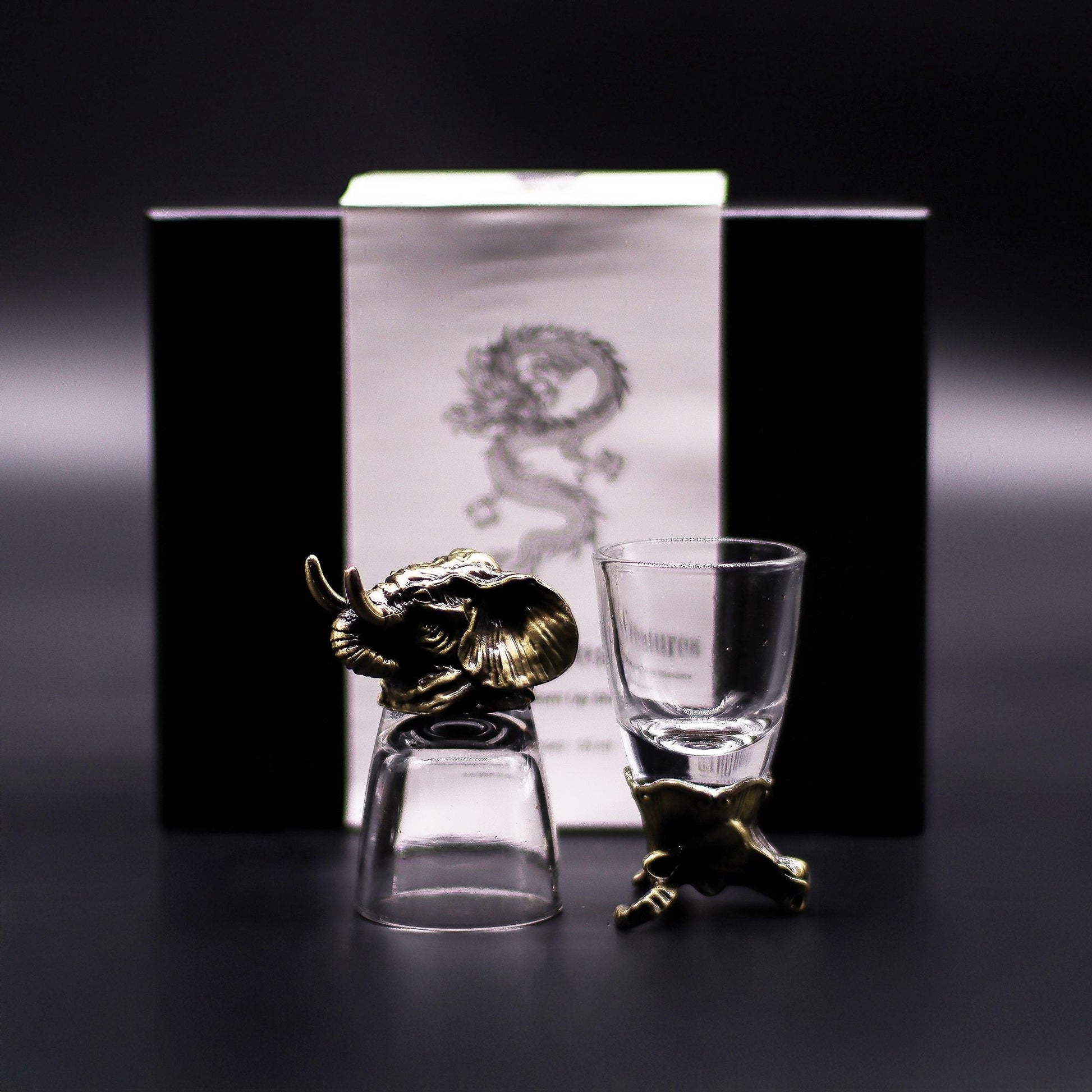 Alt Tag: Antique Bronze Mystical Creatures Glasses – 50 ML set with animal figure bronze stand and clear 50 ml shot glass