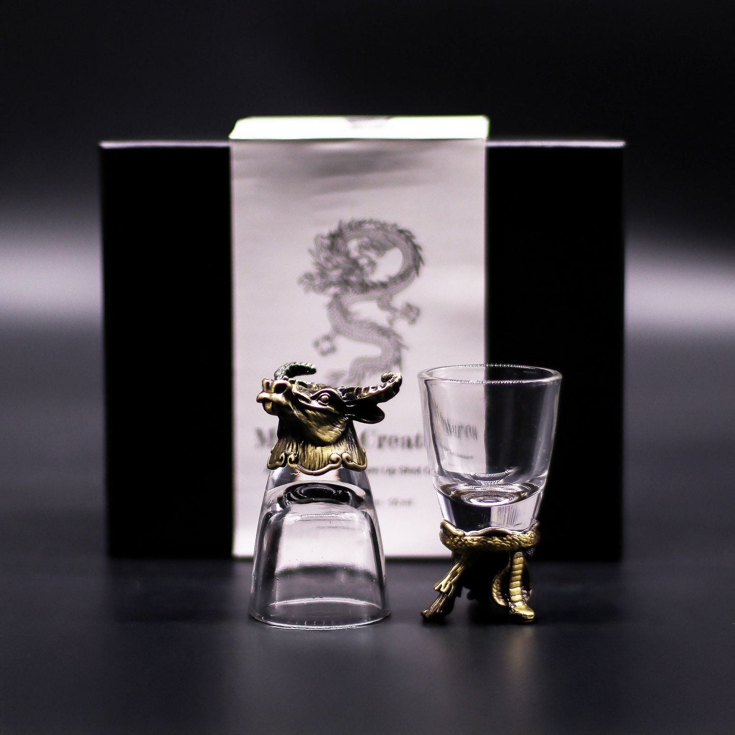 Antique Bronze Mystical Creatures Glasses – 50 ML set, clear shot glasses with antique bronze creature stands and gift box