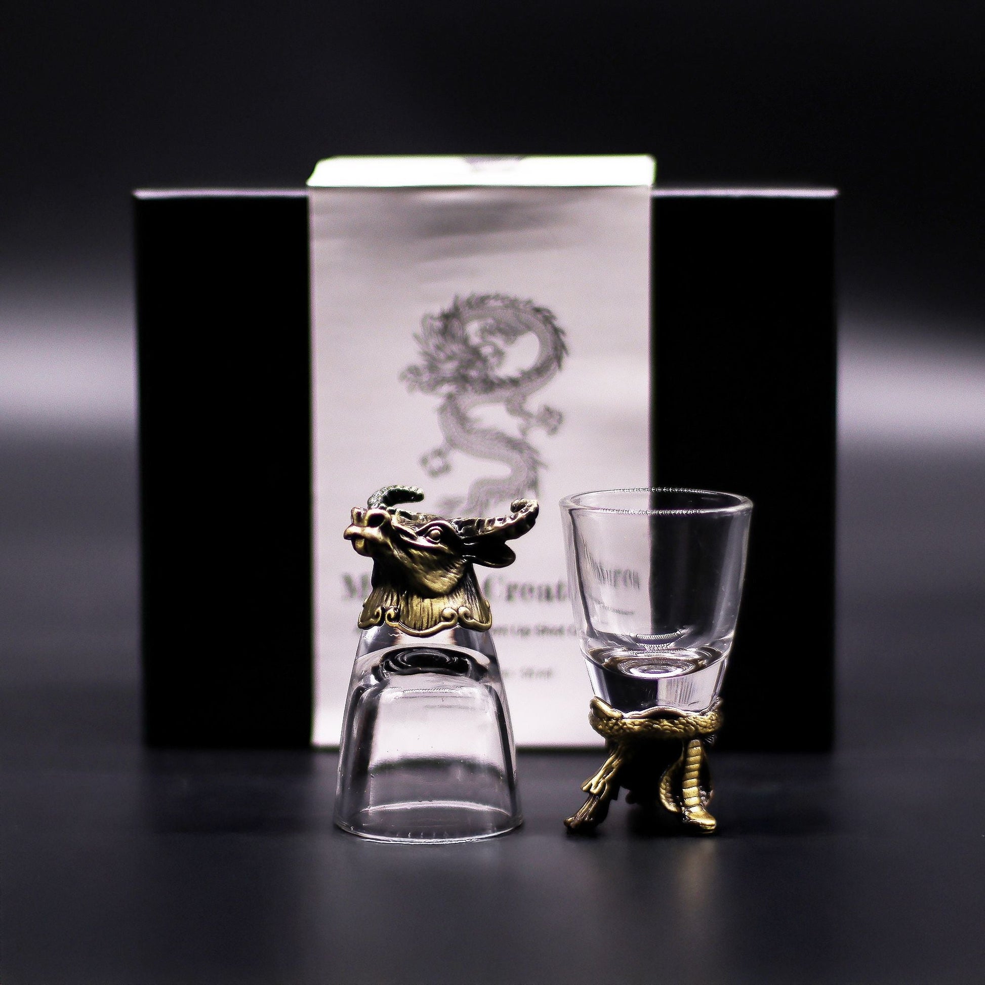 Antique Bronze Mystical Creatures Glasses – 50 ML set, clear shot glasses with antique bronze creature stands and gift box