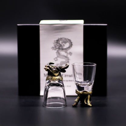 Antique Bronze Mystical Creatures Glasses – 50 ML set, clear shot glasses with antique bronze creature stands and gift box