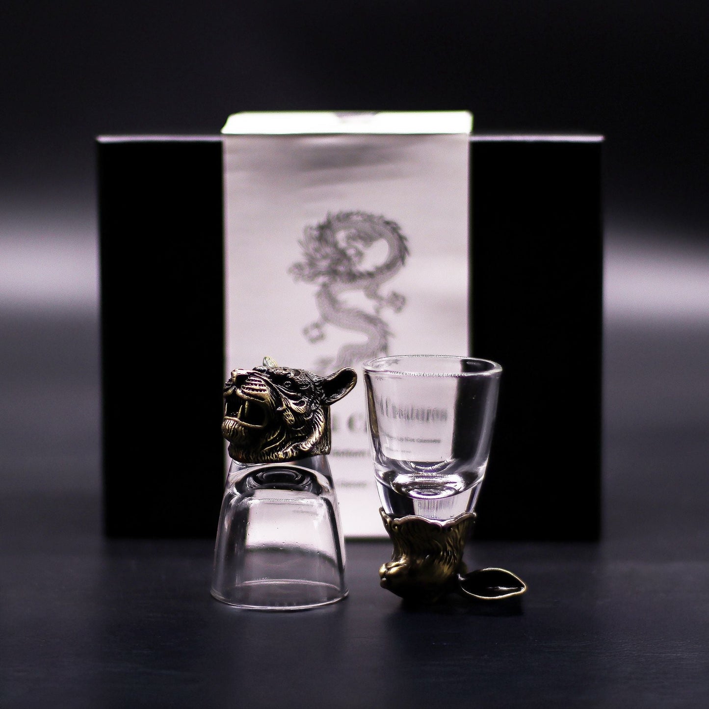 Antique Bronze Mystical Creatures Glasses – 50 ML shot glasses set with bronze creature accents, clear glass, and gift box
