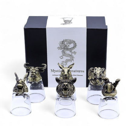Antique Bronze Mystical Creatures Glasses – 50 ML set of 5 shot glasses with animal heads and gift box