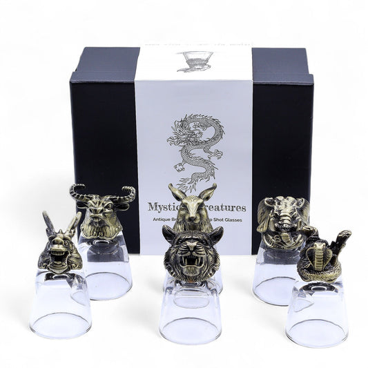 Antique Bronze Mystical Creatures Glasses – 50 ML set of 5 shot glasses with animal heads and gift box