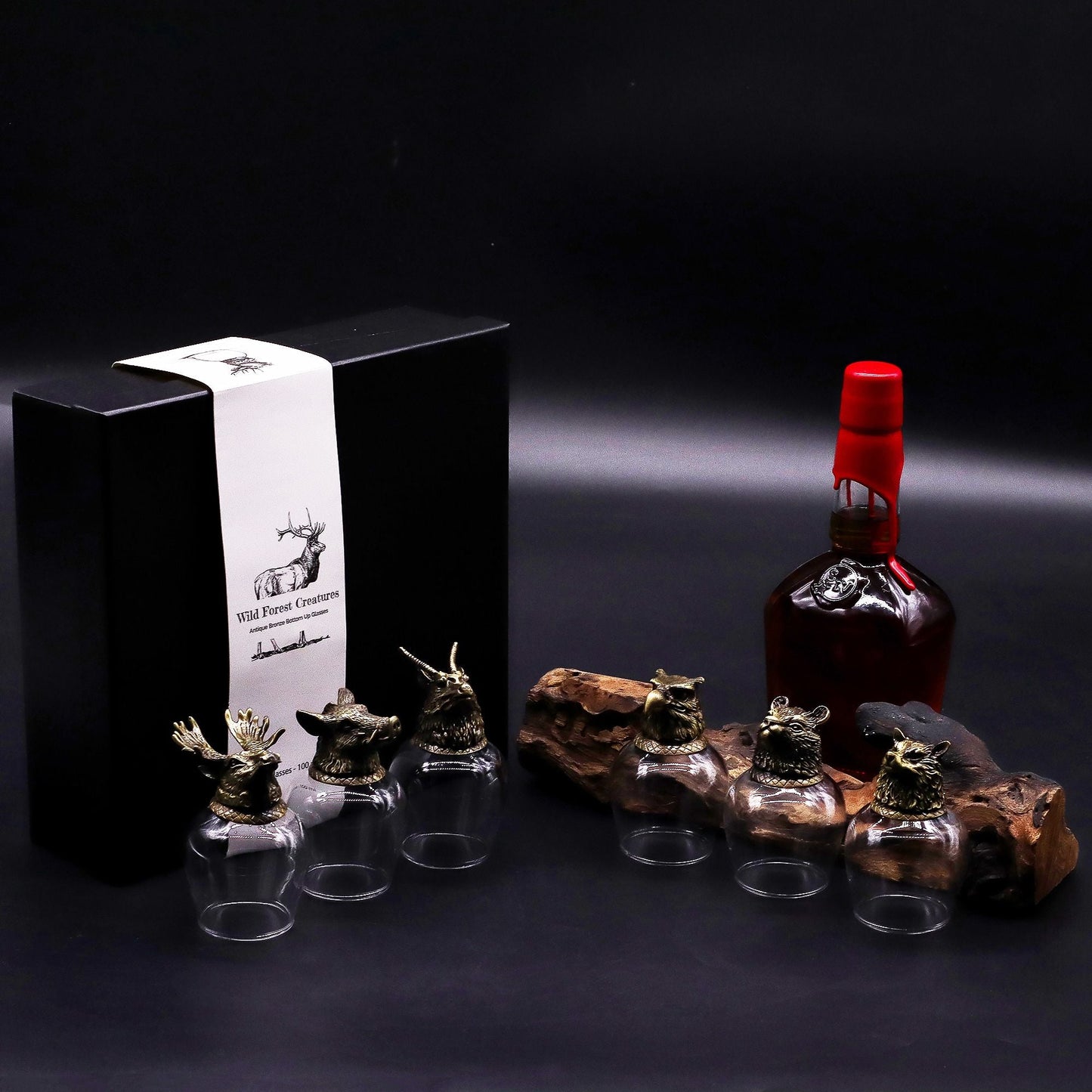 Antique Bronze Mystical Creatures Glasses – 50ML Set of 6 with animal head tops, gift box and bottle on dark background