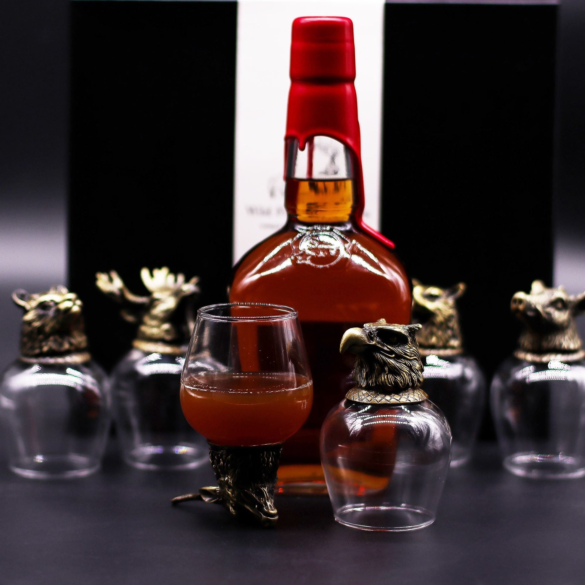 Antique Bronze Mystical Creatures Glasses – 50ML Set of 6 with antique bronze animal-head base, set of six shot glasses