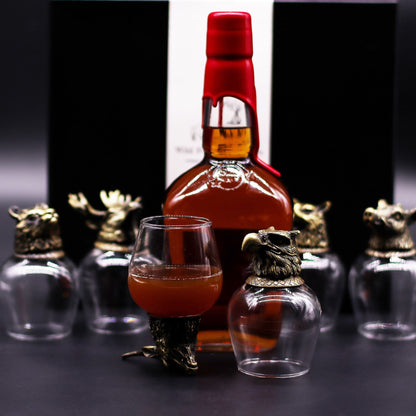 Antique Bronze Mystical Creatures Glasses – 50ML Set of 6 with antique bronze animal-head base, set of six shot glasses