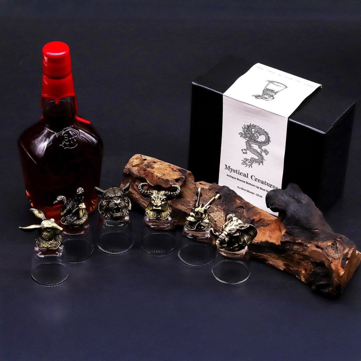 Antique Bronze Mystical Creatures Glasses – 50 ML set with bronze animal figurines, small shot glasses, gift box and bottle