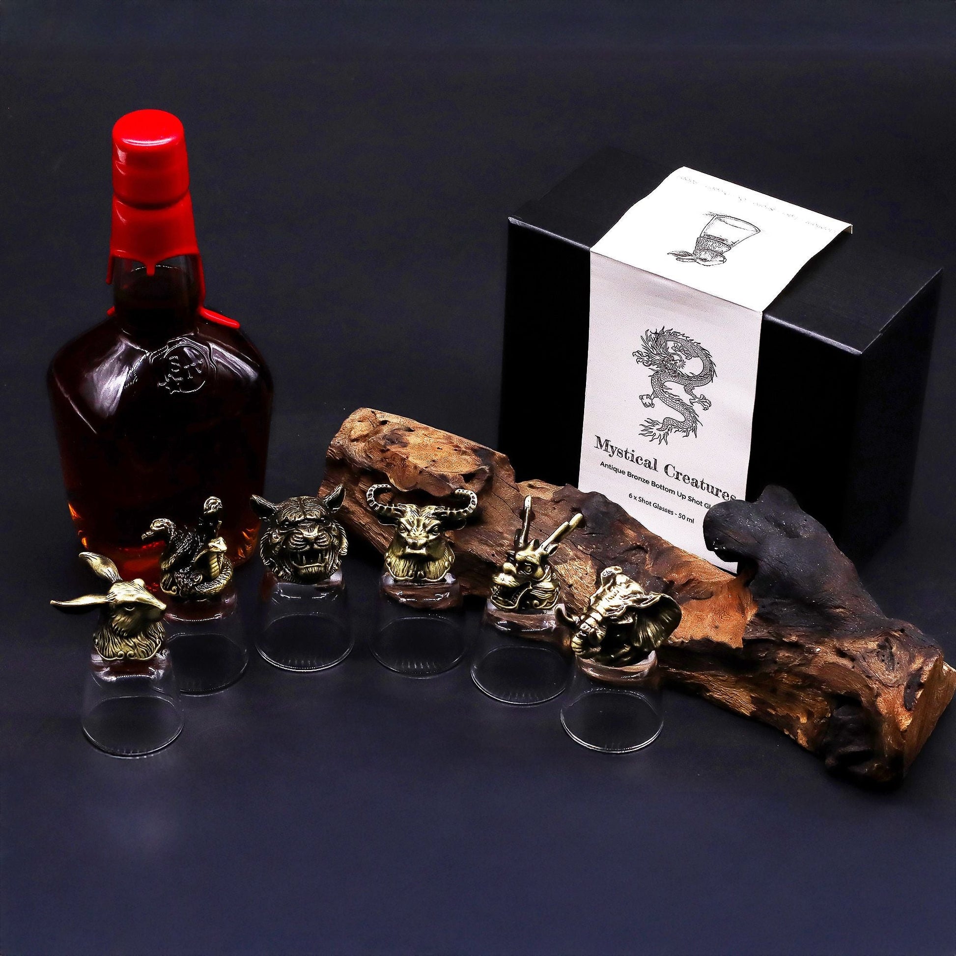 Antique Bronze Mystical Creatures Glasses – 50 ML set with bronze animal figurines, small shot glasses, gift box and bottle
