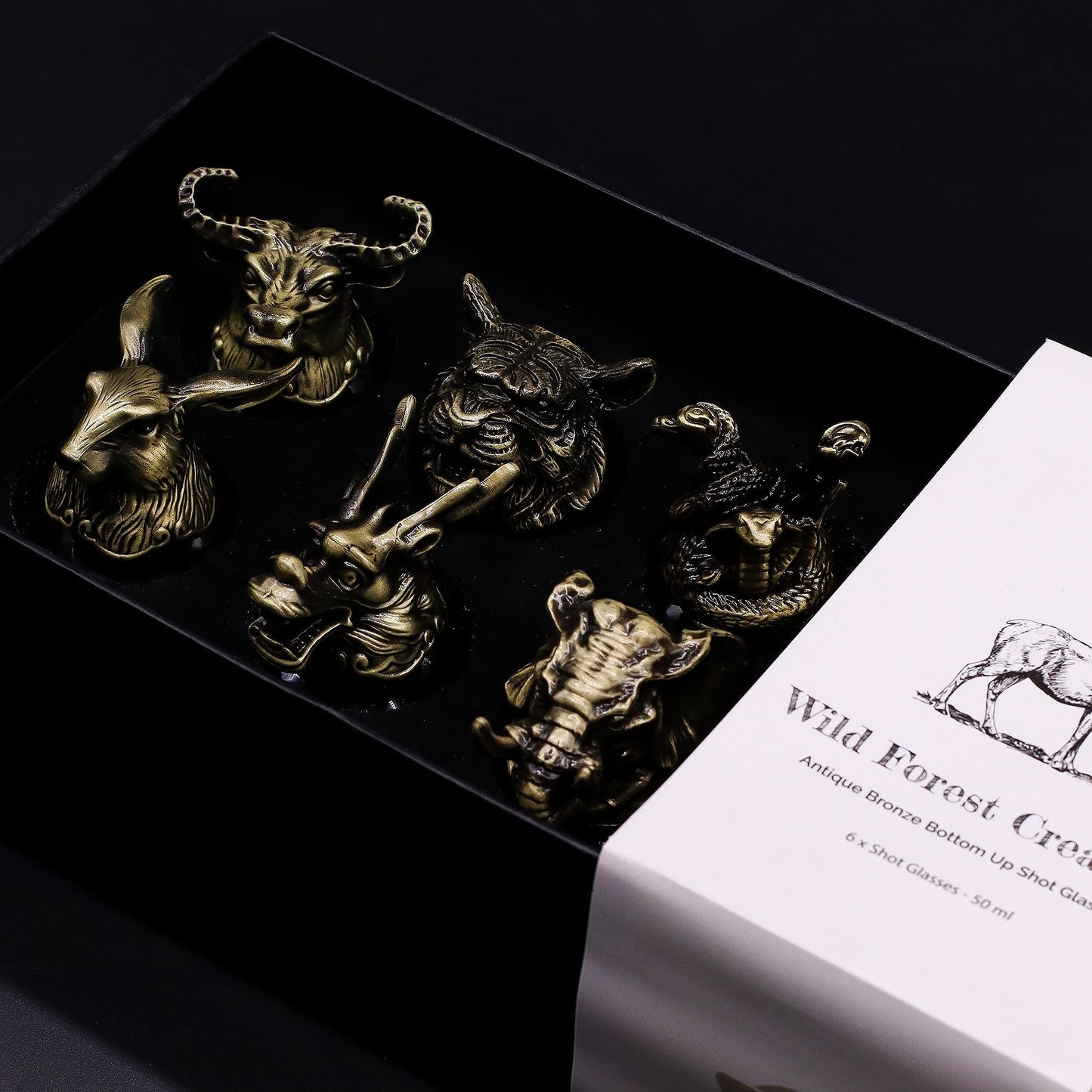 Antique Bronze Mystical Creatures Glasses – 50 ML set in gift box with antique bronze animal head designs on glass