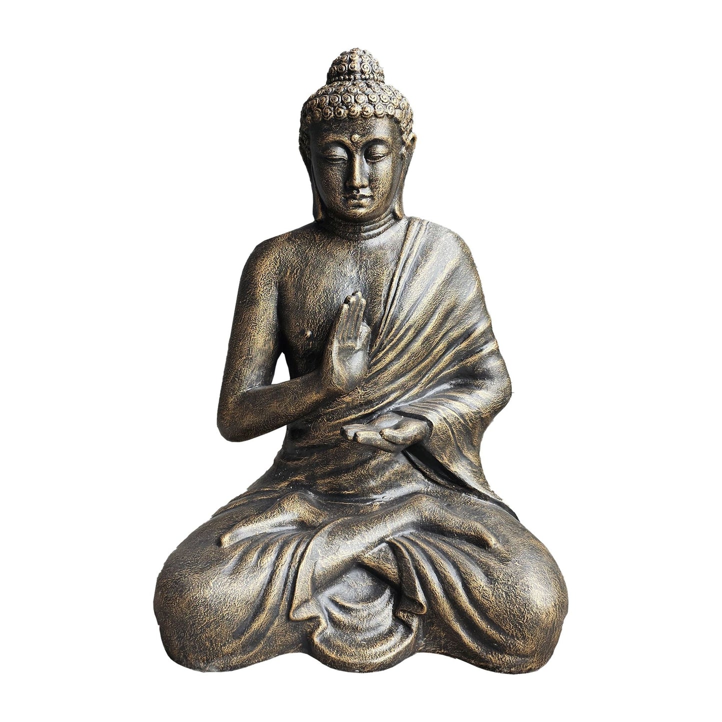 Estatua de Buda en oro antiguo – figura de Buda meditando de 1,5 m en fibrocemento con acabado en oro antiguo, en posición sentada para decoración de jardín o interior
