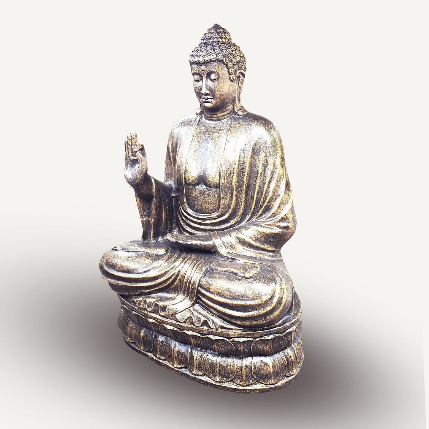 Estatua de Buda de cemento de fibra en dorado antiguo – 200 CM sentado en mudra de enseñanza, acabado en dorado antiguo, decoración para jardín o altar