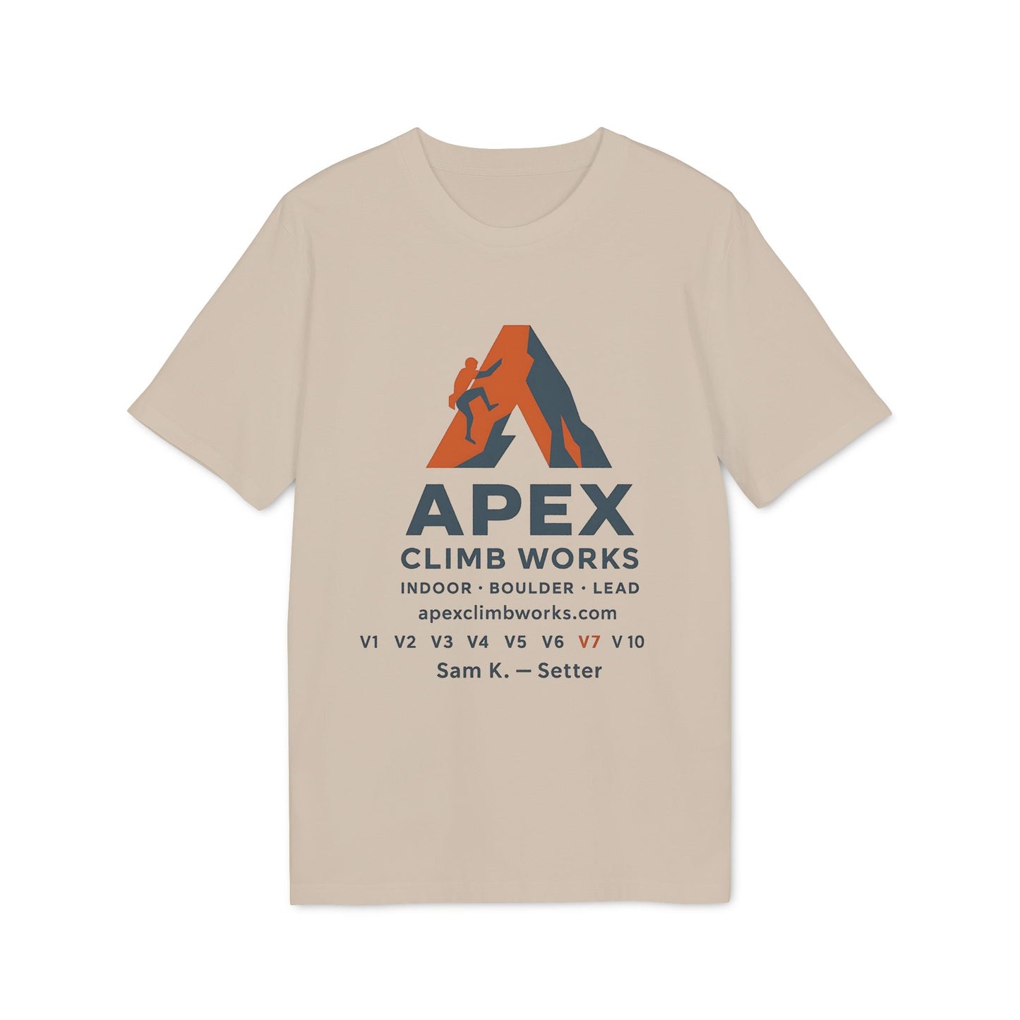 Föreningar Företag Välj Er Logga. T Shirts I Sponsra Saga Village. Premium Unisex T-Shirt beige unisex tee med APEX Climb Works logotryck