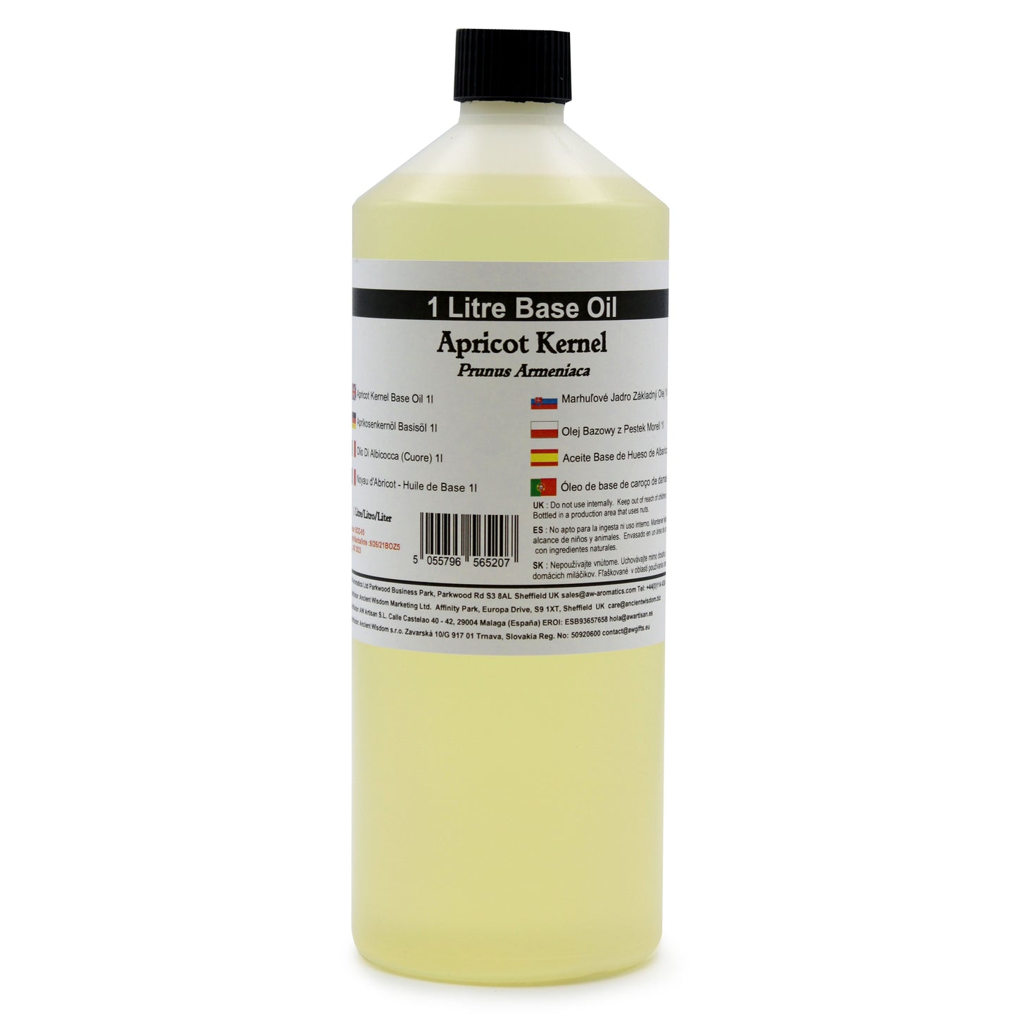 Alt Tag: Apricot Kernel Base Oil – 1 Litre bottle, 1 litre base oil with black cap and label