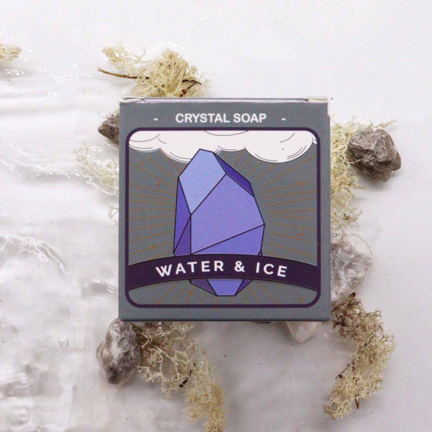 Alt-Tag: Aqua Crystal Elemental Soap – 100G Riegel Wasser- & Eis-Kristallseife, Verpackung in Boxform mit blauer Kristallillustration