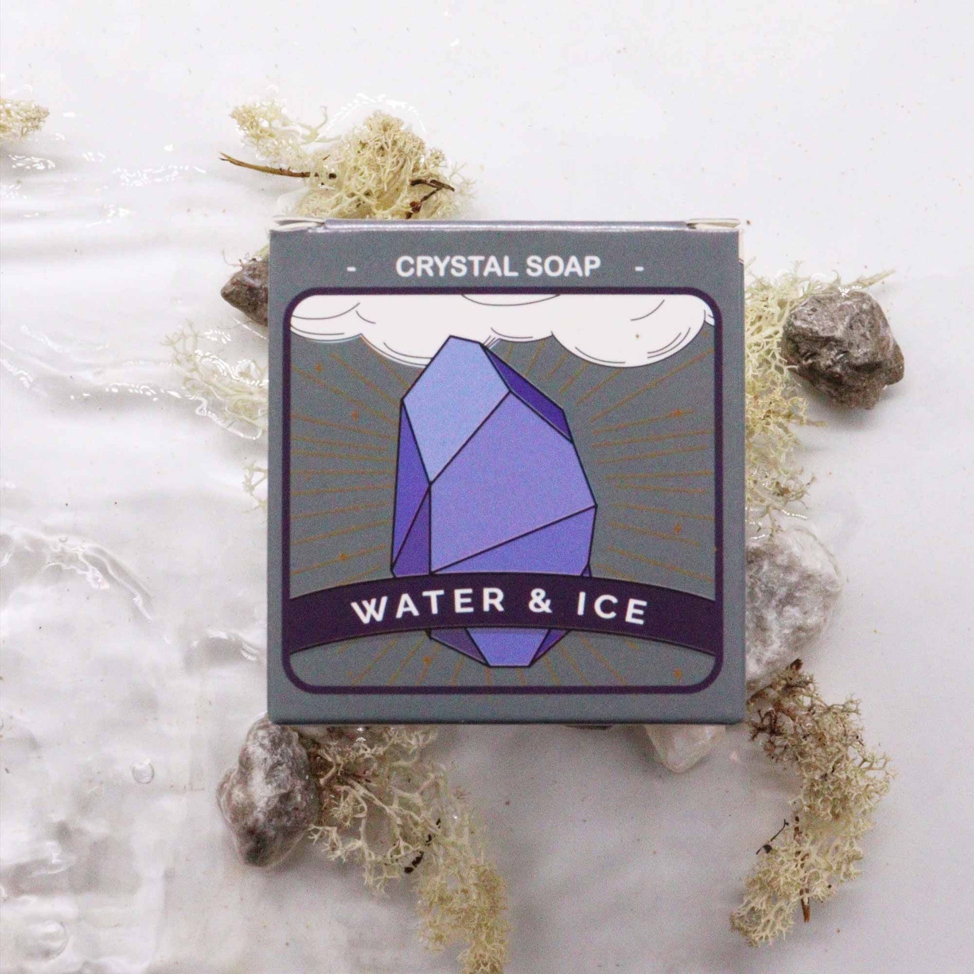 Alt-Tag: Aqua Crystal Elemental Soap – 100G Riegel Wasser- & Eis-Kristallseife, Verpackung in Boxform mit blauer Kristallillustration