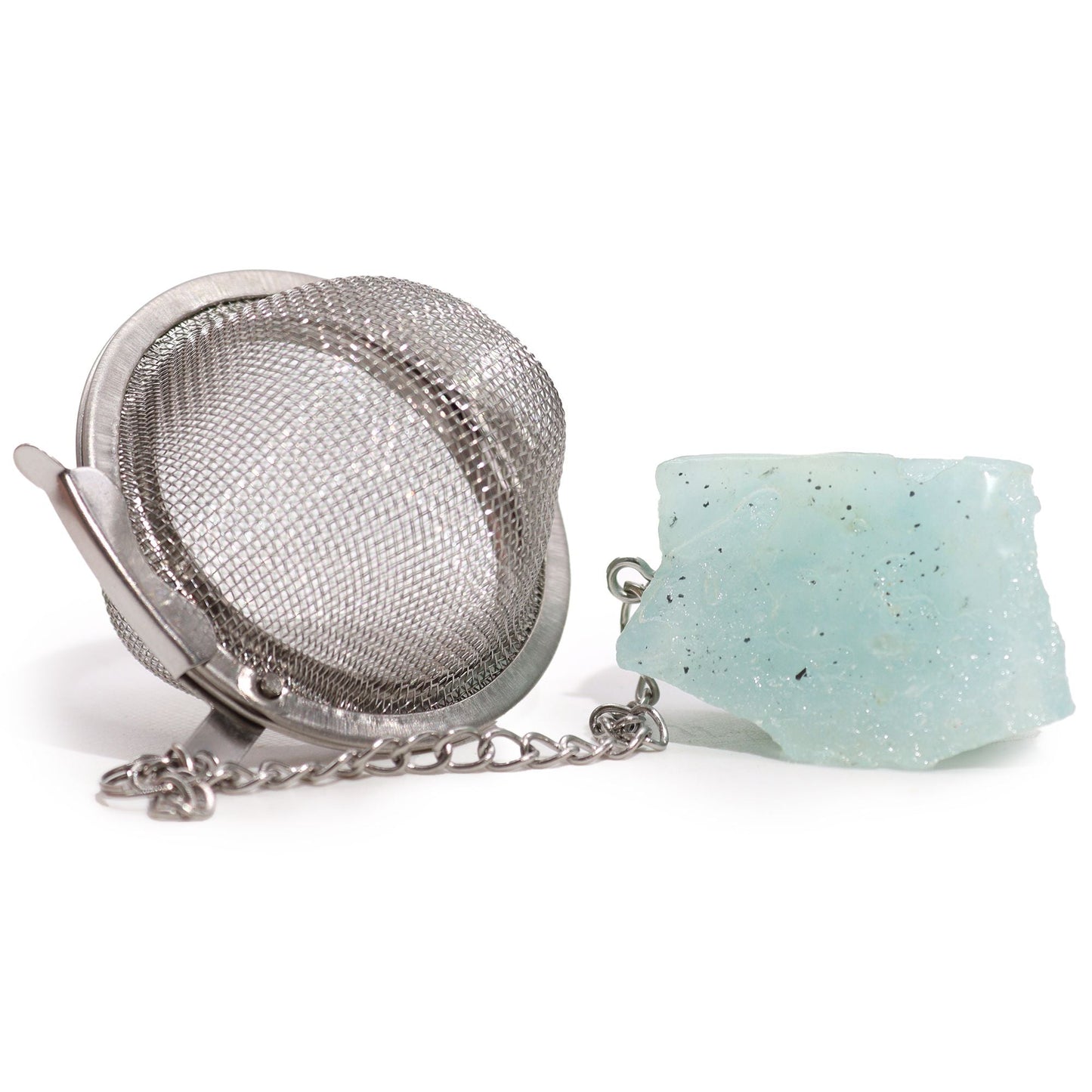 Aquamarine Crystal Tea Strainer – 7.5x5 CM stainless steel mesh tea infuser with chain and aquamarine gemstone