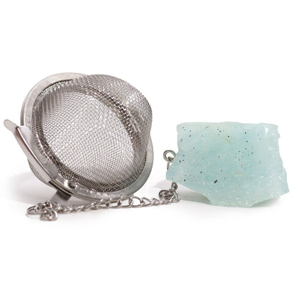 Aquamarine Crystal Tea Strainer – 7.5x5 CM stainless steel mesh tea infuser with chain and aquamarine gemstone