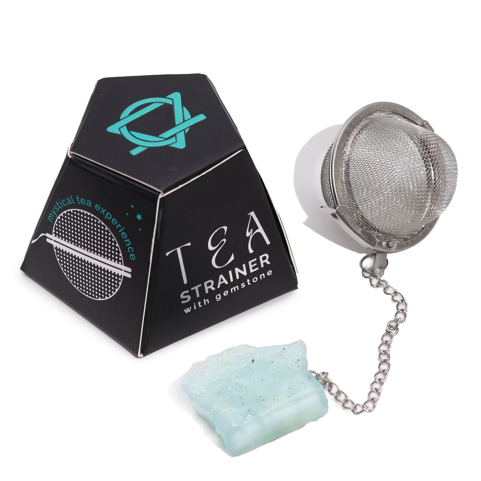Aquamarine Crystal Tea Strainer – 7.5x5 CM stainless steel mesh tea infuser with chain and aquamarine gemstone charm, with box