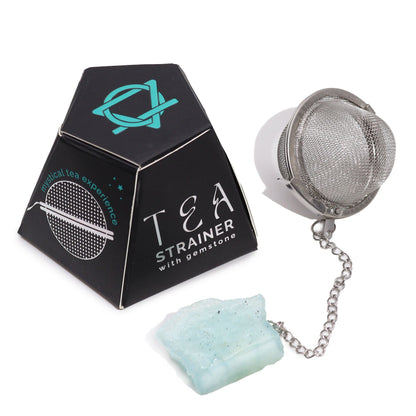 Aquamarine Crystal Tea Strainer – 7.5x5 CM stainless steel mesh tea infuser with chain and aquamarine gemstone charm, with box