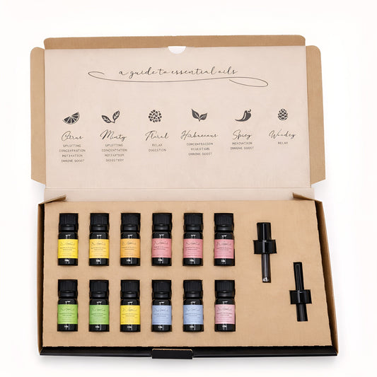 Alt Tag: Aromaaroma Essential Oil Set – Spring (12 Oils Collection) open gift box with 12 essential oil bottles and two droppers