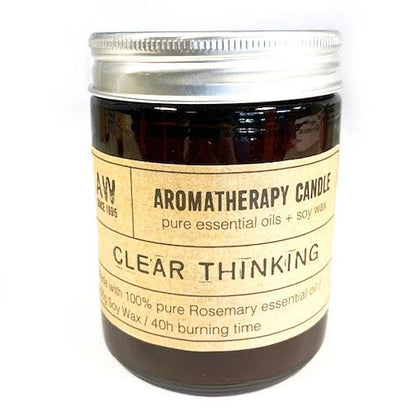 Aromaaroma sojavaxljus – Clear Thinking (200 g) i bärnstensfärgad glasburk med metallock, etikett för aromaterapiljus