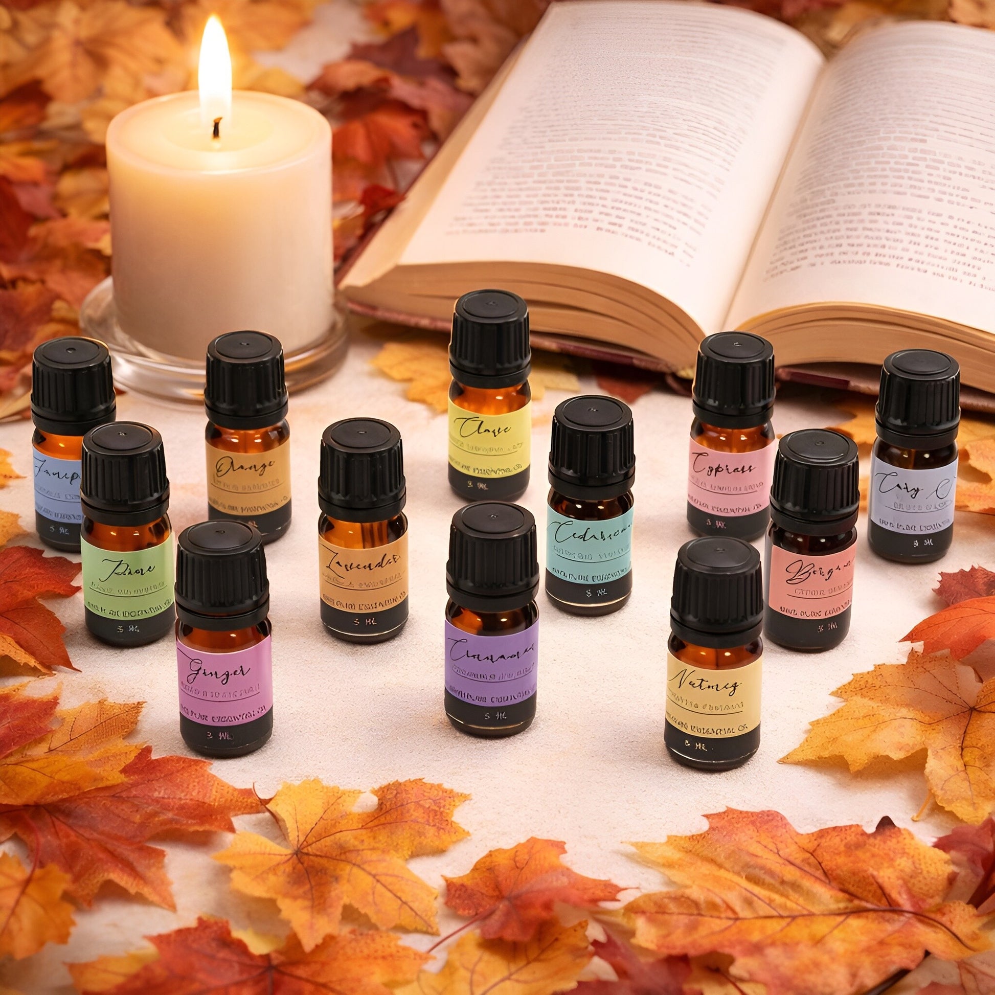 Aromarelaxing eterisk oljeset – Autumn (kollektion med 12 oljor) med 12 flaskor ren olja, ett ljus och en öppen bok bland höstlöv