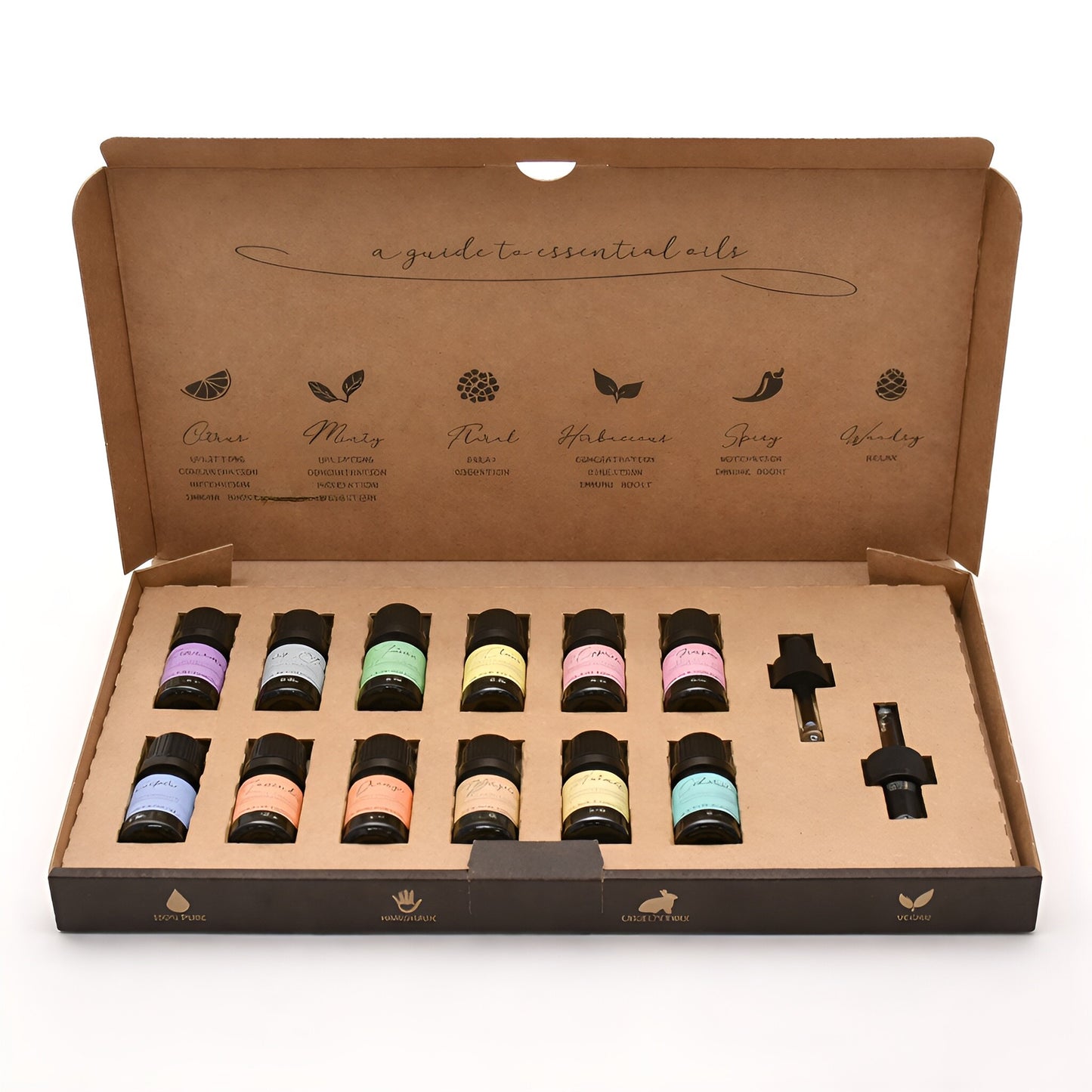 Alt Tag: Aromarelaxing Essential Oil Set – Autumn (12 Oils Collection) öppen box med 12 flaskor med rena eteriska oljor och droppinsatser