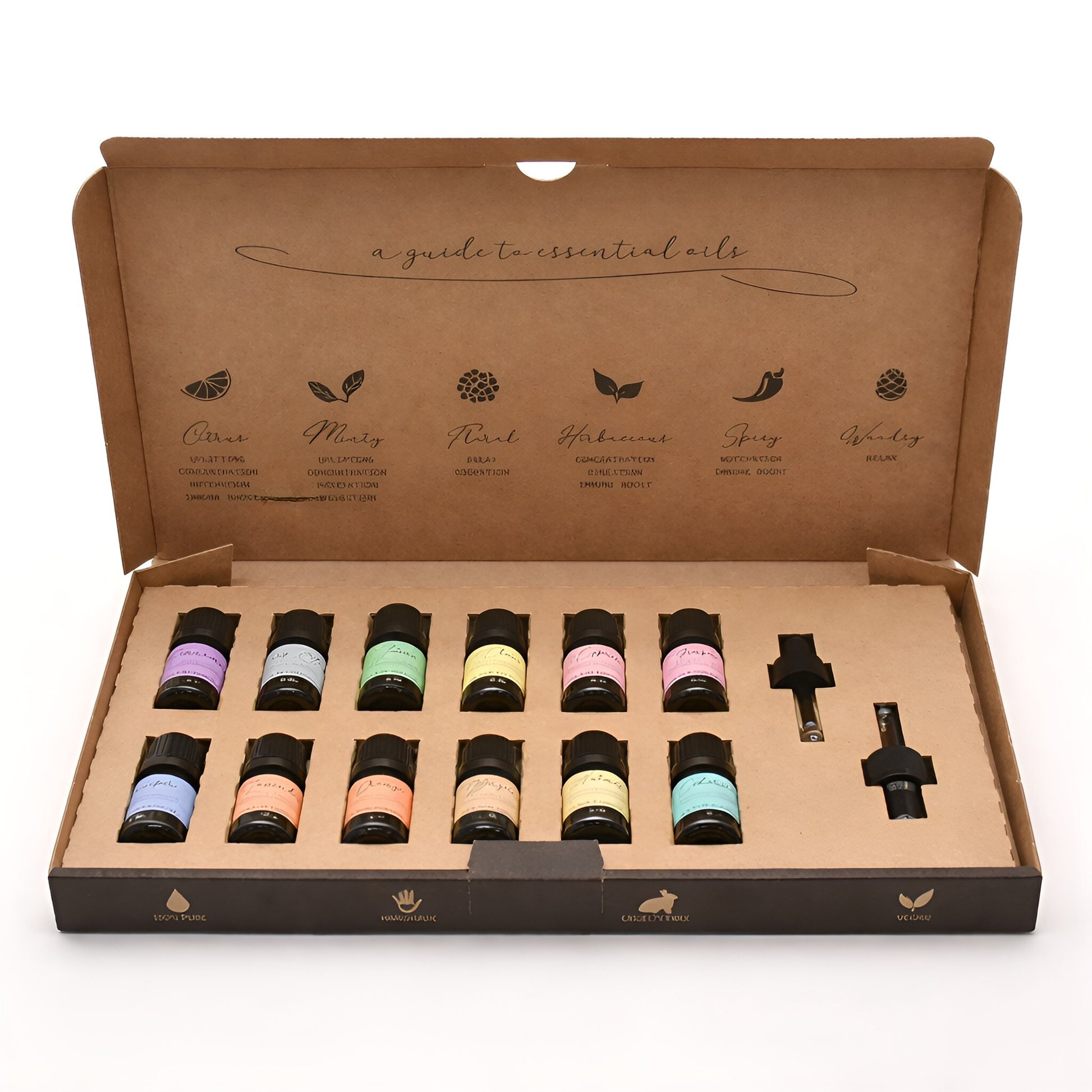 Alt Tag: Aromarelaxing Essential Oil Set – Autumn (12 Oils Collection) öppen box med 12 flaskor med rena eteriska oljor och droppinsatser