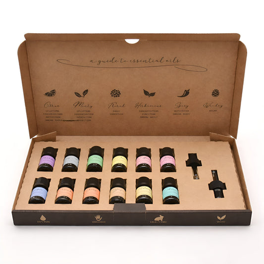 Alt Tag: Aromarelaxing Essential Oil Set – Autumn (12 Oils Collection) open box with 12 pure essential oil bottles and dropper inserts