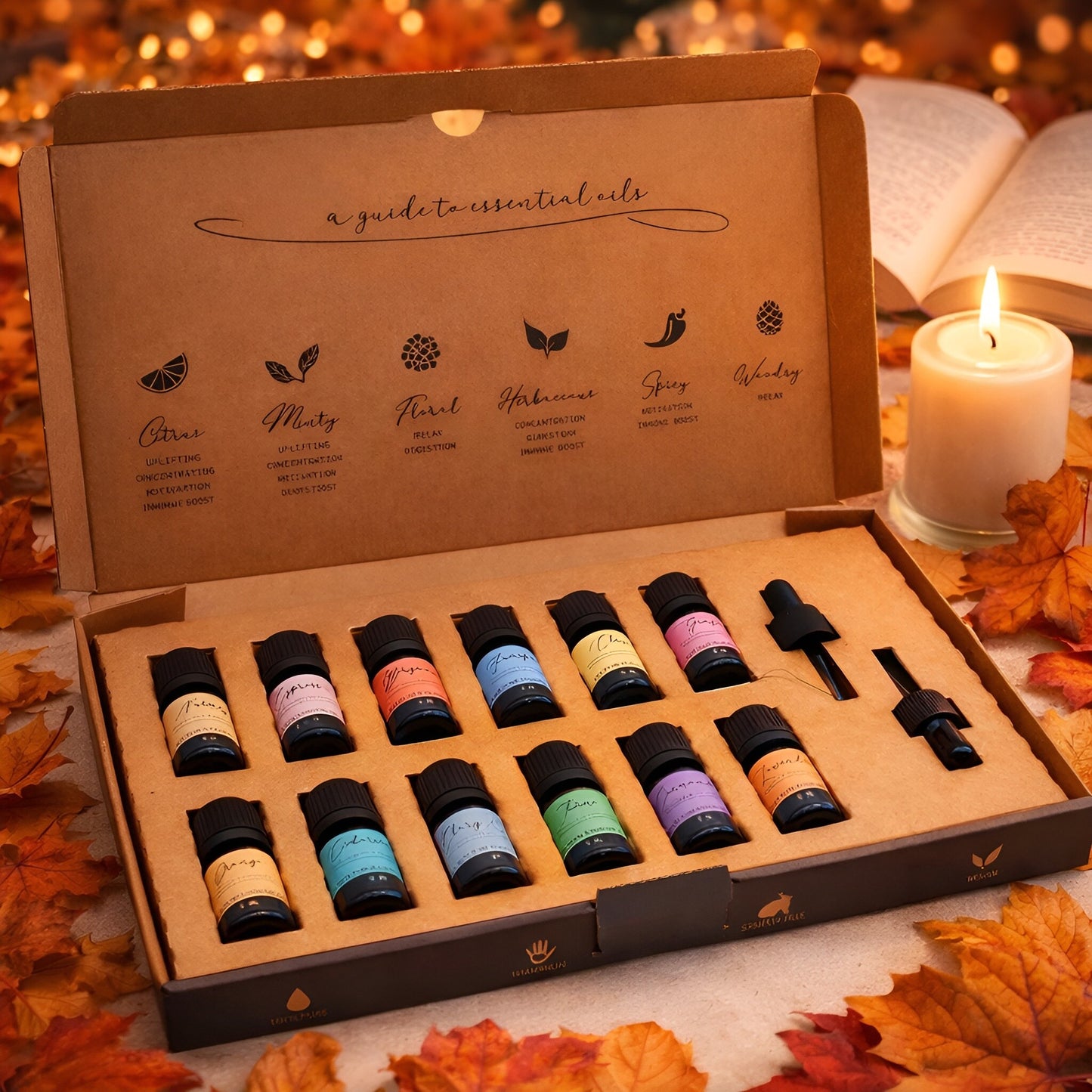 Alt-tag: Aromarelaxing eterisk oljeset – Autumn (12 Oils Collection) i presentask med 12 flaskor eterisk olja, höstlöv och ett ljus