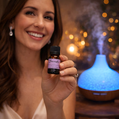Aromarelaxing eterisk oljeset – Autumn (12 Oils Collection), flaska med eterisk olja tillsammans med aromaterapidiffusor med ånga