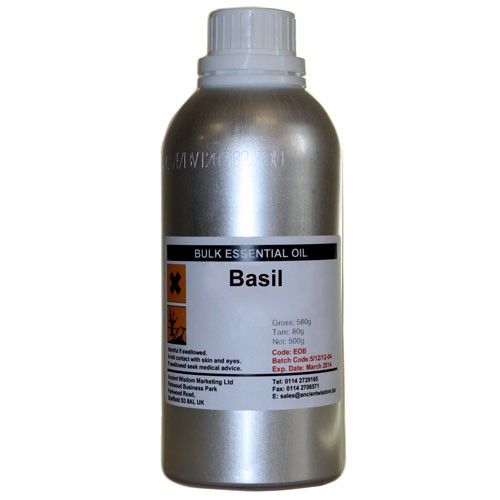 Aromatherapy Basil Essential Oil – 500G botella de aceite esencial de albahaca a granel con etiqueta "Basil" y tapa blanca
