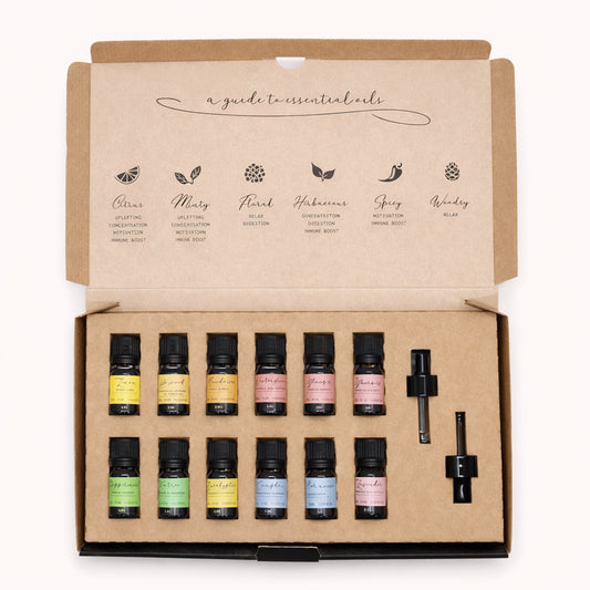 Aromatherapy Essential Oil Set – Starter Pack en caja abierta con 13 frascos de aceites esenciales y goteros incluidos