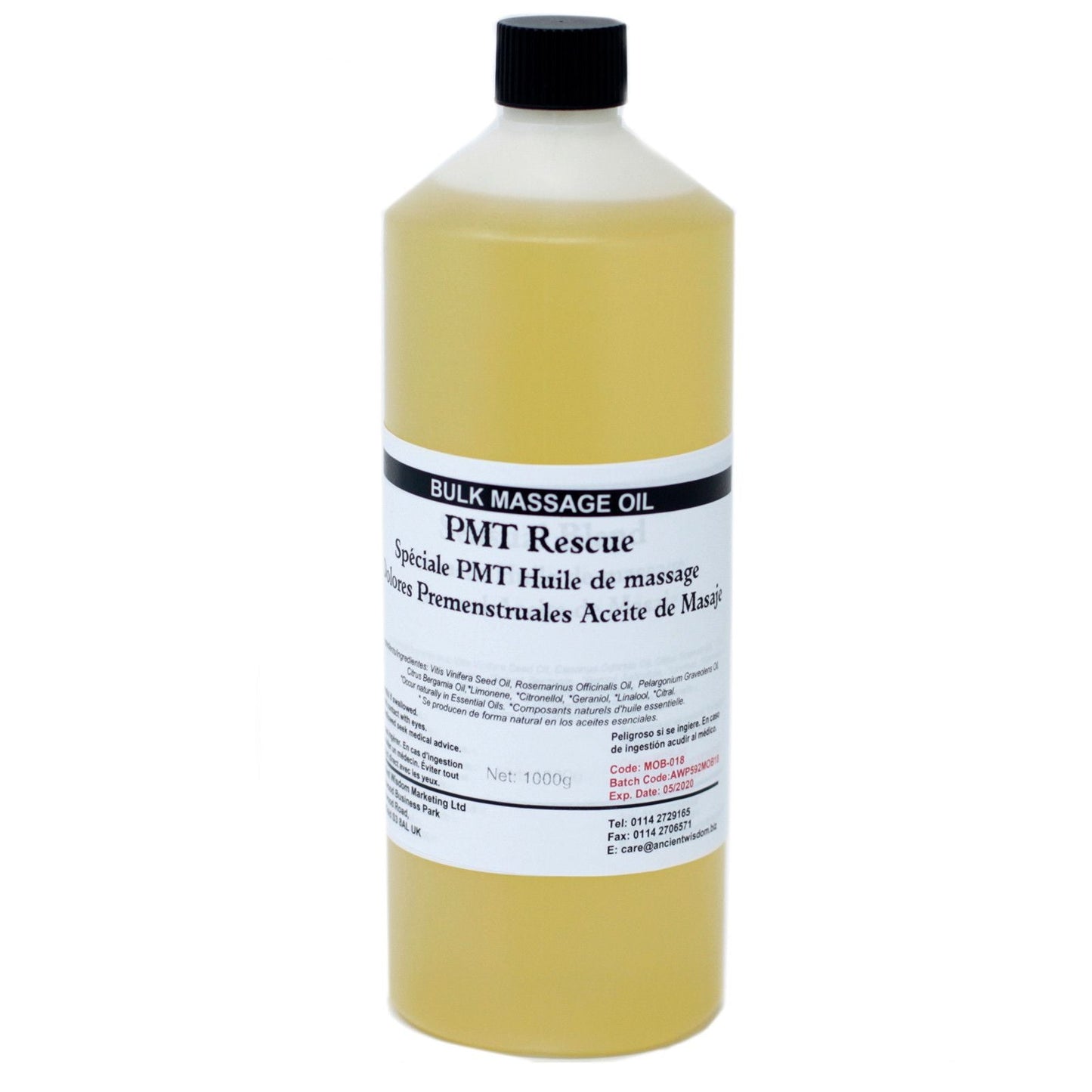 Alt Tag: Aromatic Rescue Massage Oil – 1KG bulk massage oil bottle, 1kg/1000g size with black cap and label