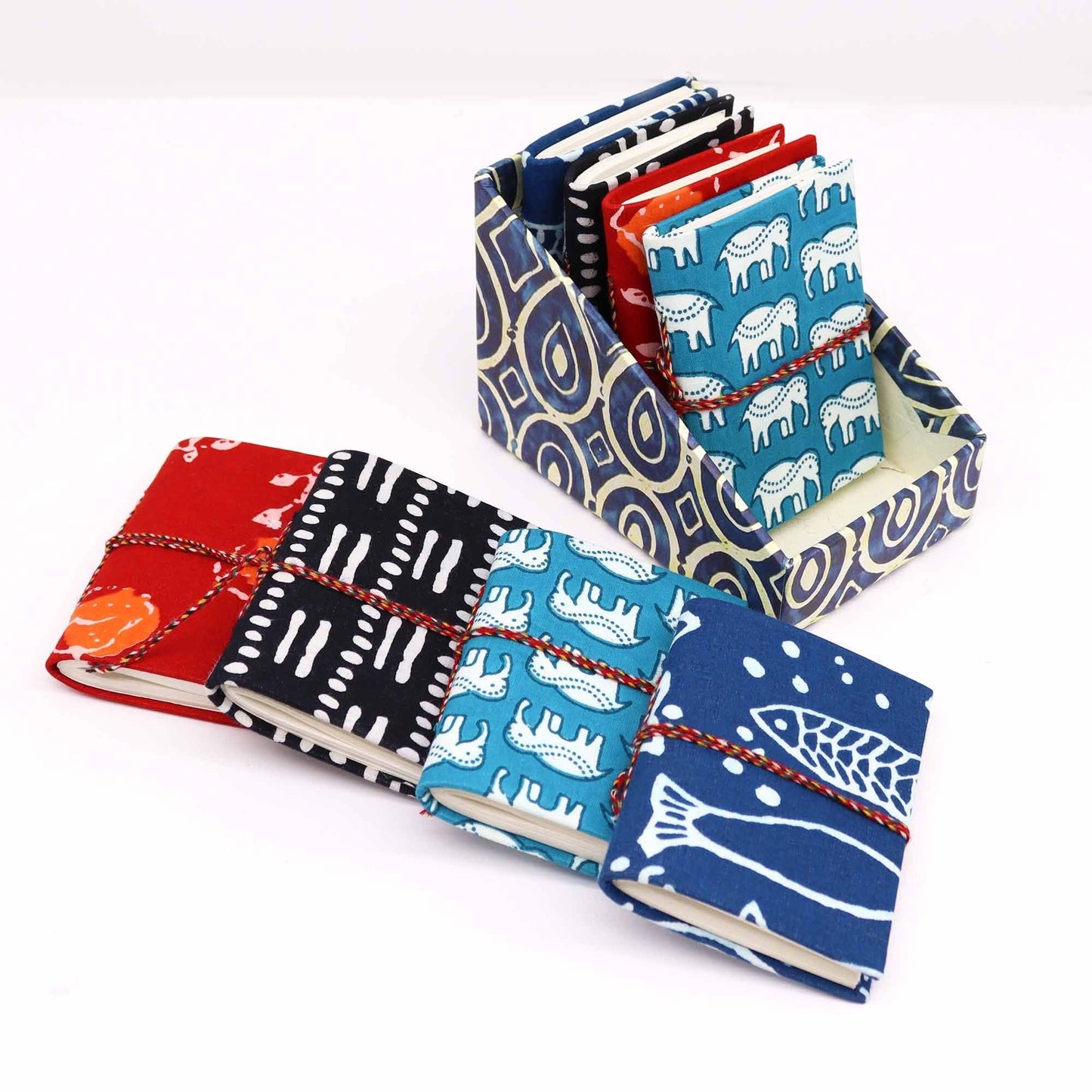 Artisan Cotton Bound Notebooks – 10x7 CM Assorted Set, handmade block-printed fabric mini notebooks in assorted colors