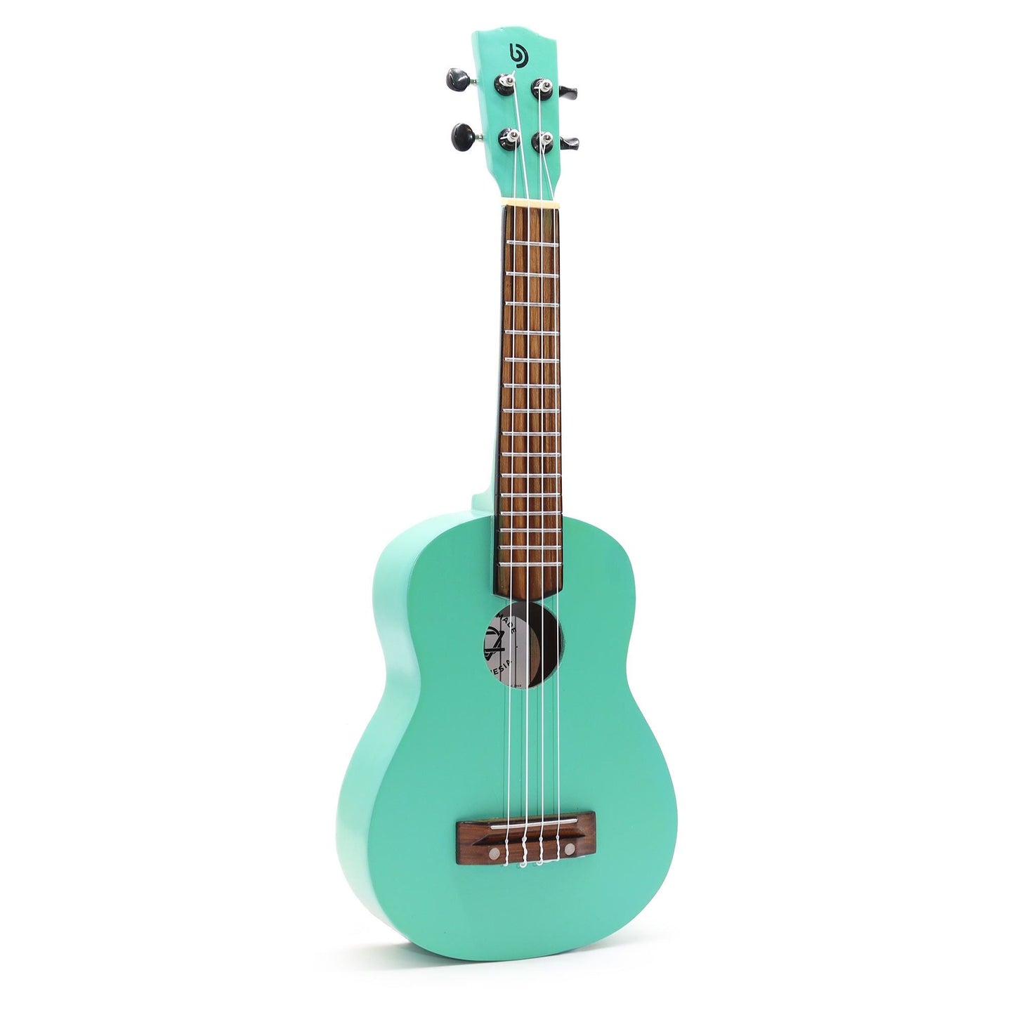 Alt Tag: Artisan Made Ukulele – Turquoise Finish (4 String) 4-string turquoise glossy ukulele with wooden fretboard and black tuning pegs